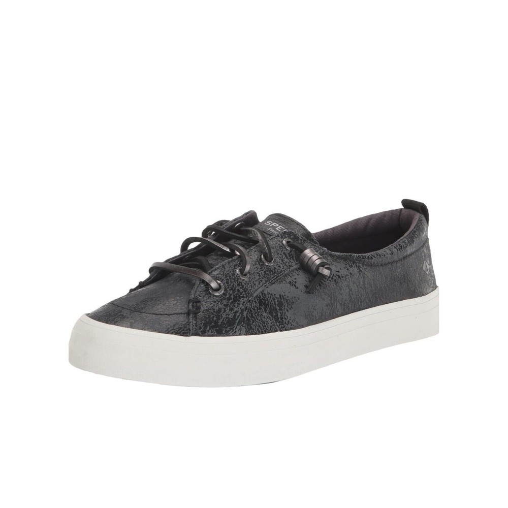 Sperry Womens Crest Vibe Black Painted Leather Lace-up Low Top Sneakers Size 9.5